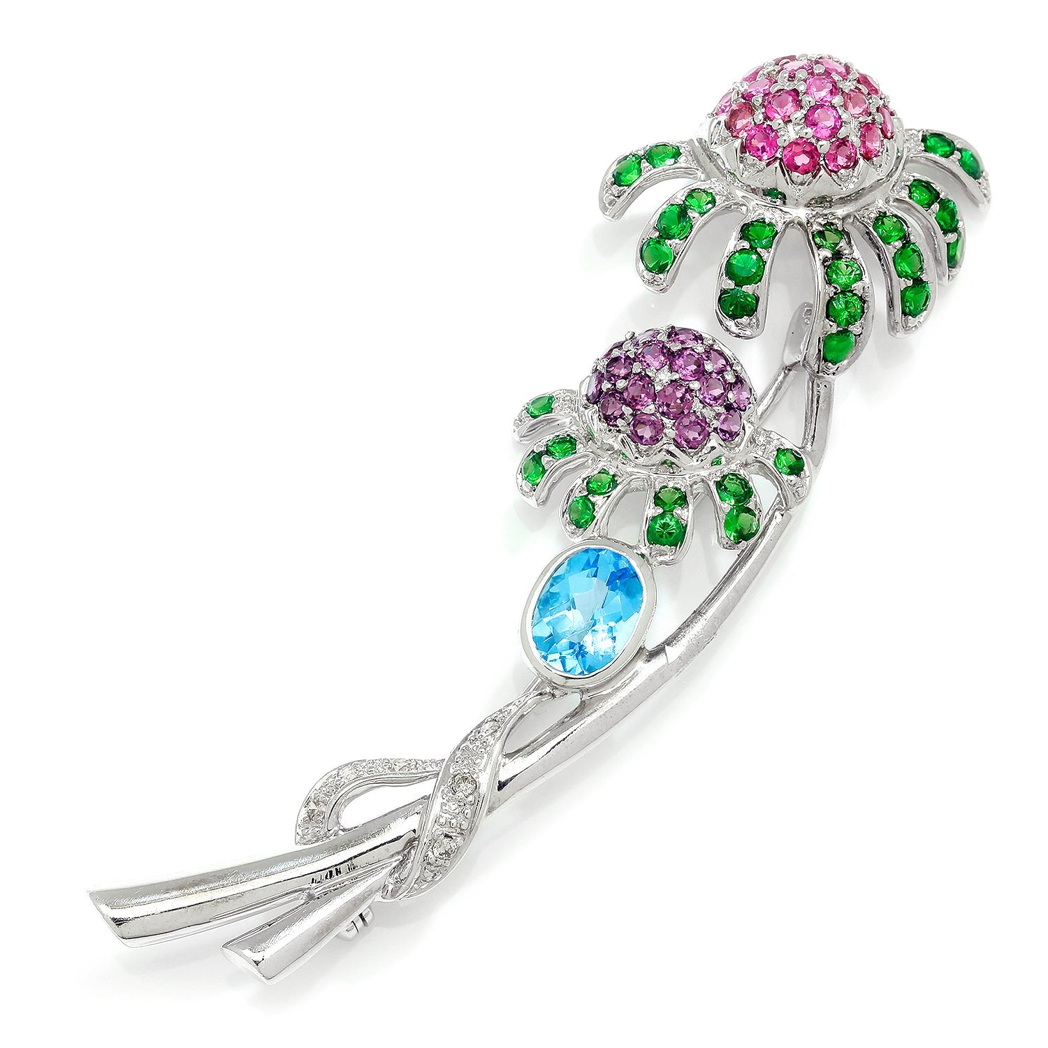 Once Upon A Diamond Brooch White Gold Vintage Multi-Gemstone Flower Brooch Pin 14K White Gold