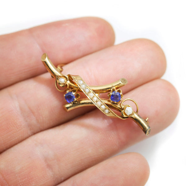 Antique Sapphire & Seed Pearl Brooch Pin 14K Yellow Gold - Image 3
