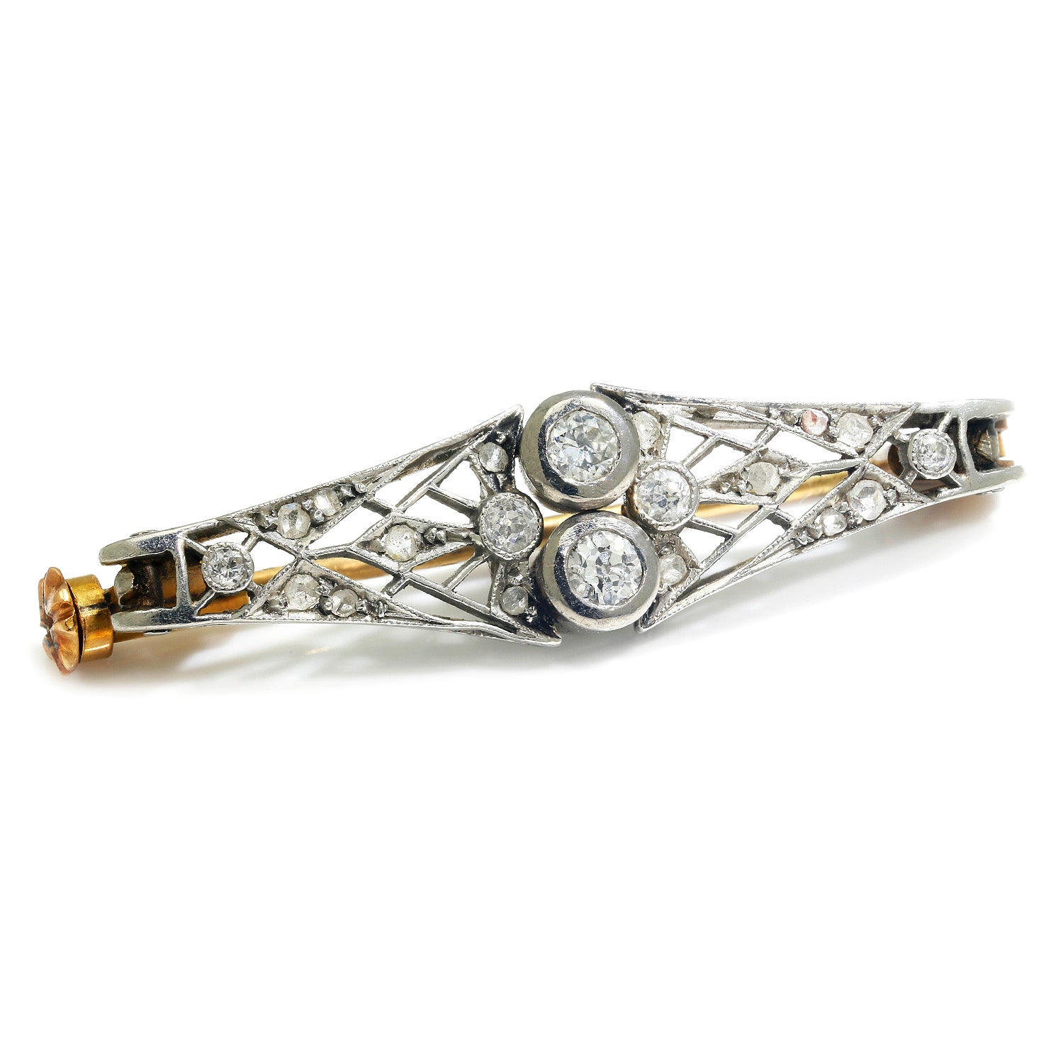 Once Upon A Diamond Brooch Yellow Gold & Platinum Antique Old Mine & Rose Cut Diamond Brooch Pin Platinum 14K