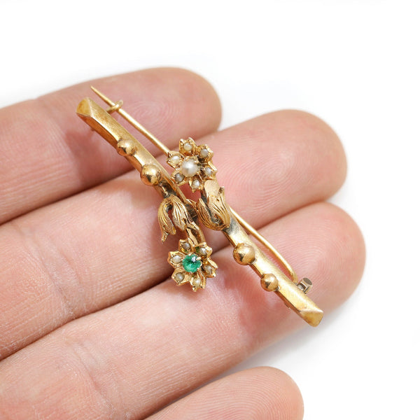 Victorian Emerald & Seed Pearl Rose Flower Brooch Pin 14K Gold - Image 3