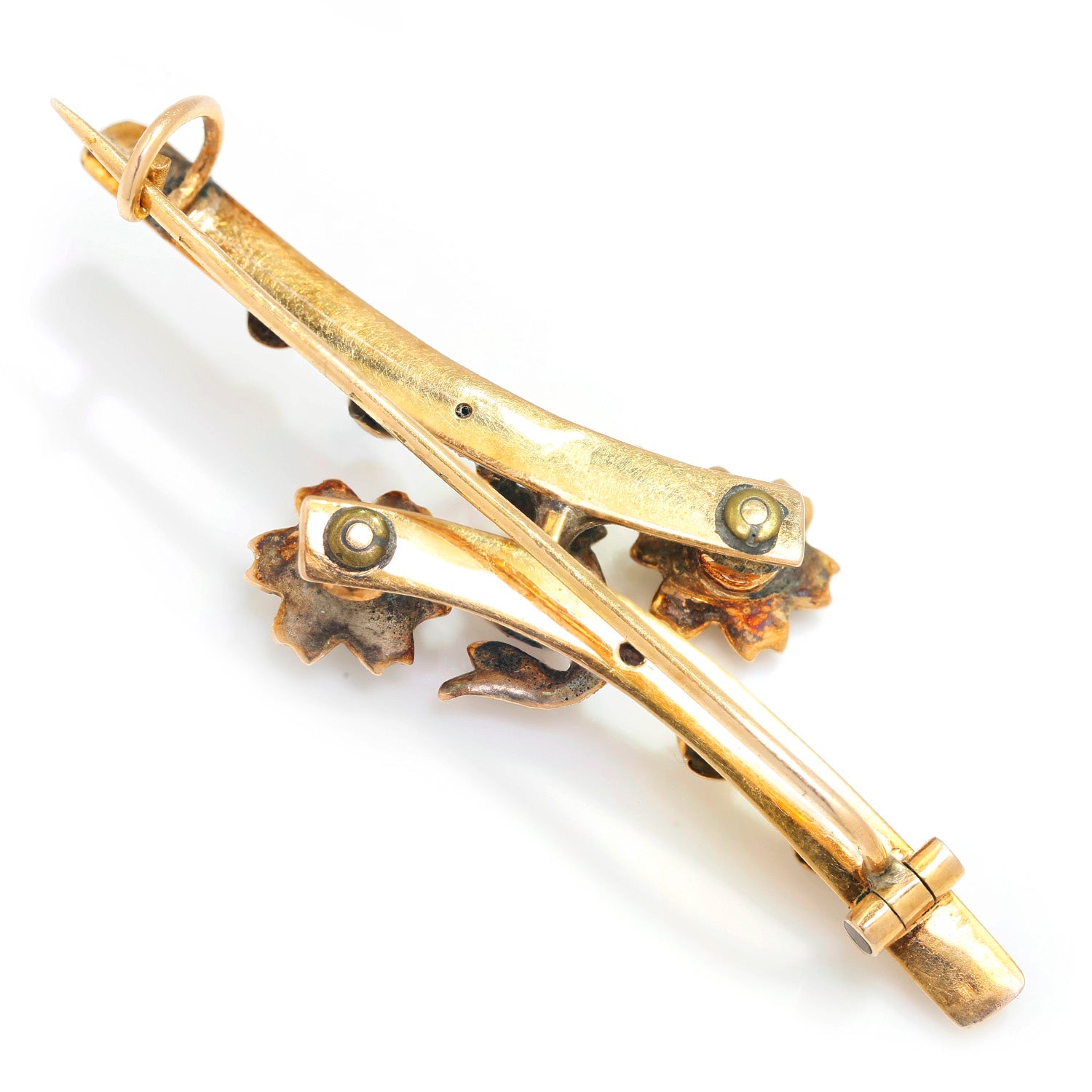 Once Upon A Diamond Brooch Yellow Gold Victorian Emerald & Seed Pearl Rose Flower Brooch Pin 14K Gold