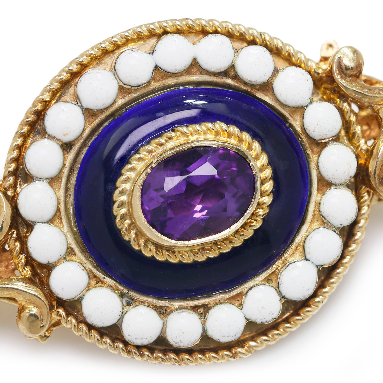 Once Upon A Diamond Brooch Yellow Gold with Blue & White Enamel Antique Amethyst Brooch Lapel Pin with Blue & White Enamel