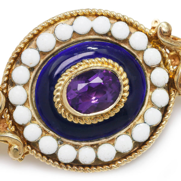 Antique Amethyst Brooch Lapel Pin with Blue & White Enamel - Image 2