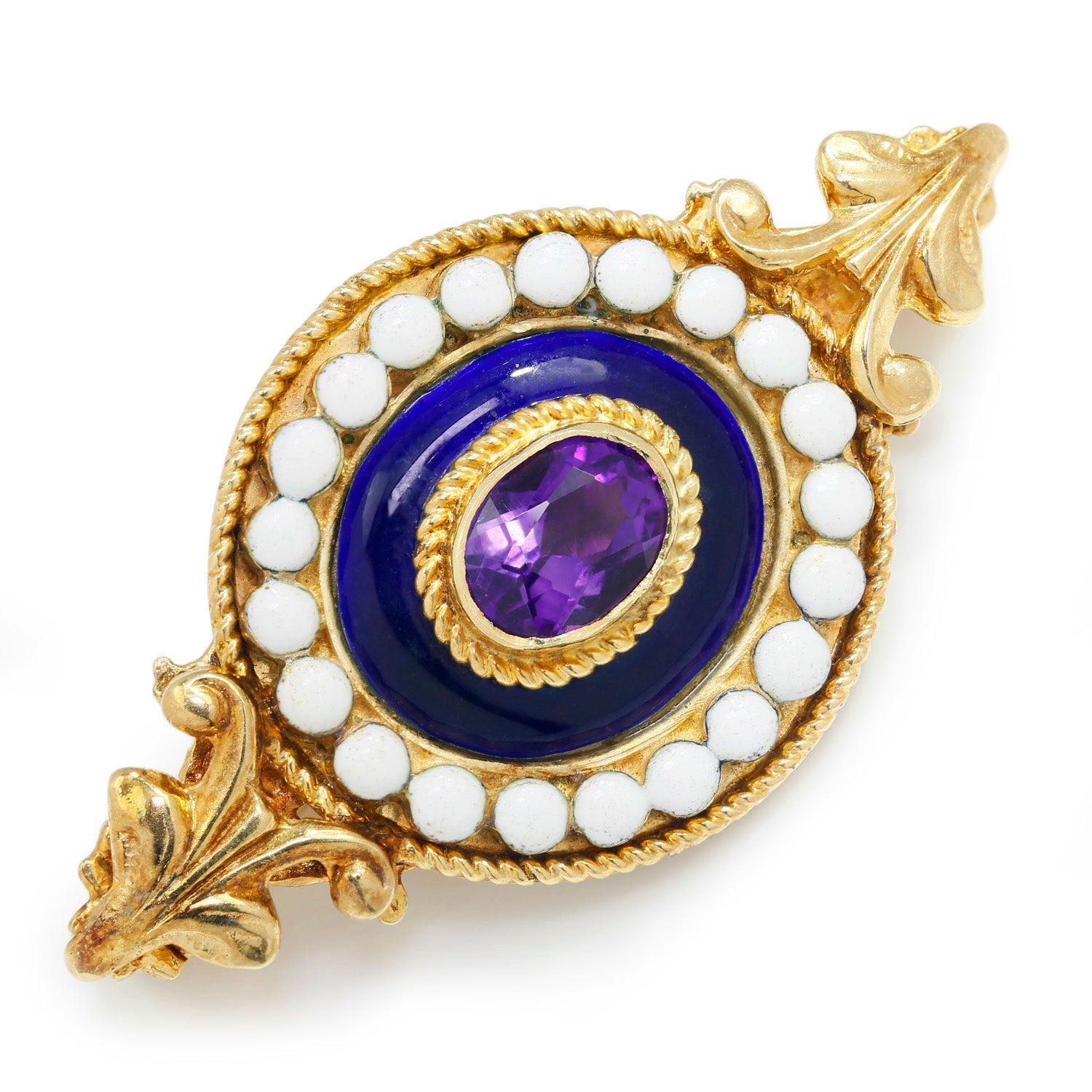 Once Upon A Diamond Brooch Yellow Gold with Blue & White Enamel Antique Amethyst Brooch Lapel Pin with Blue & White Enamel