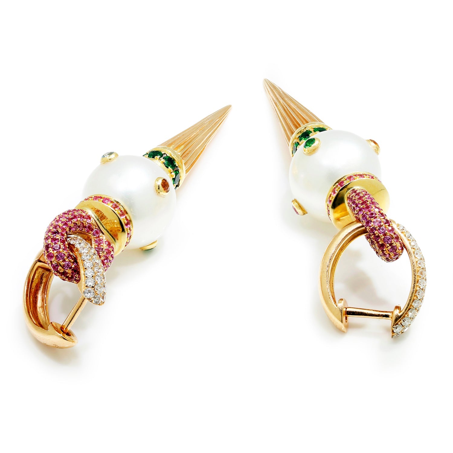Once Upon A Diamond Earrings Rose & Yellow Gold Rosa Van Parys Pearl Earrings with Diamonds & Gems 18K Gold
