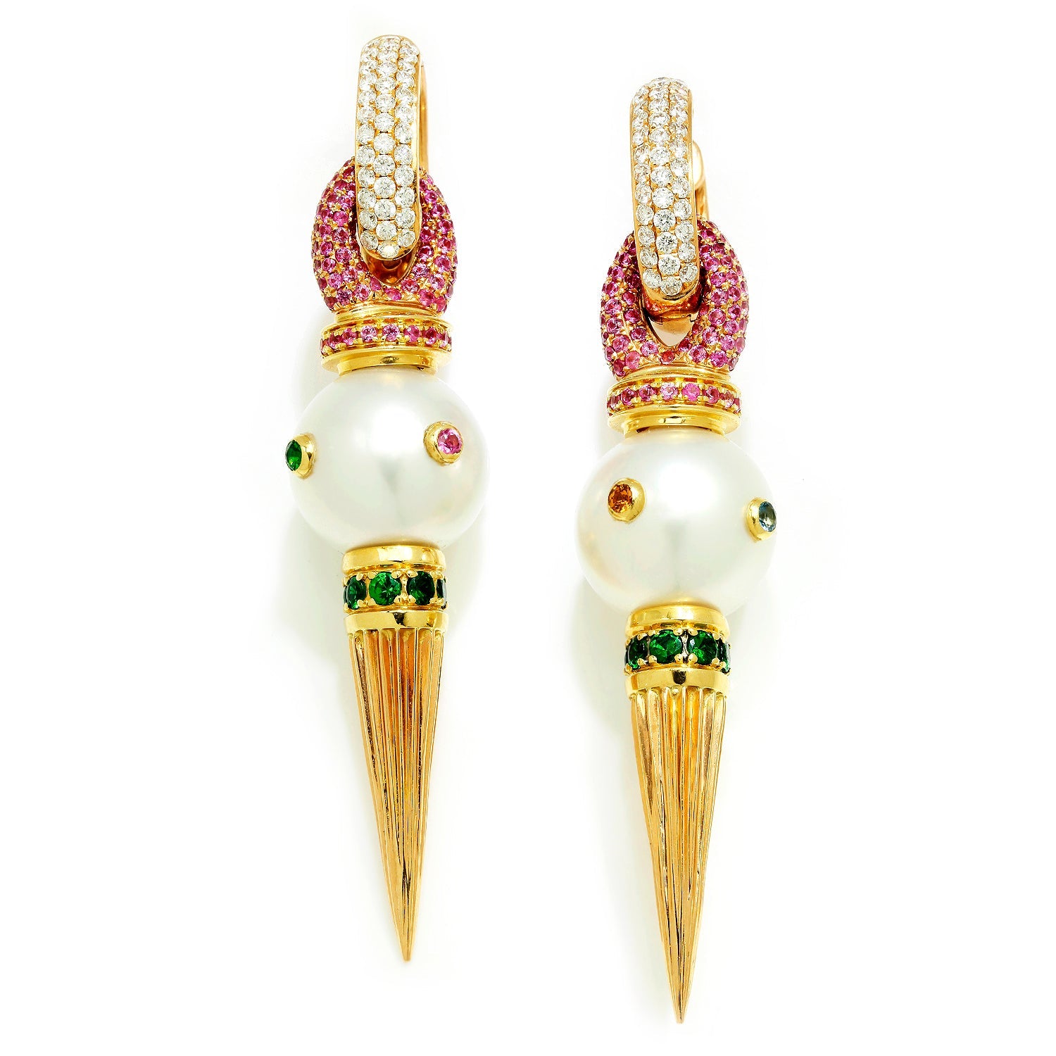 Once Upon A Diamond Earrings Rose & Yellow Gold Rosa Van Parys Pearl Earrings with Diamonds & Gems 18K Gold