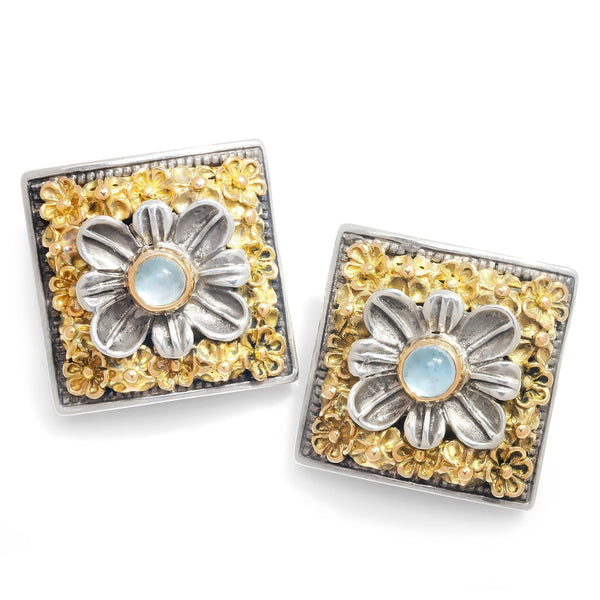 Blue Topaz Sterling Clip-On Flower Earrings with 18K Gold - Image 3