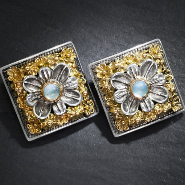 Blue Topaz Sterling Clip-On Flower Earrings with 18K Gold - Image 2