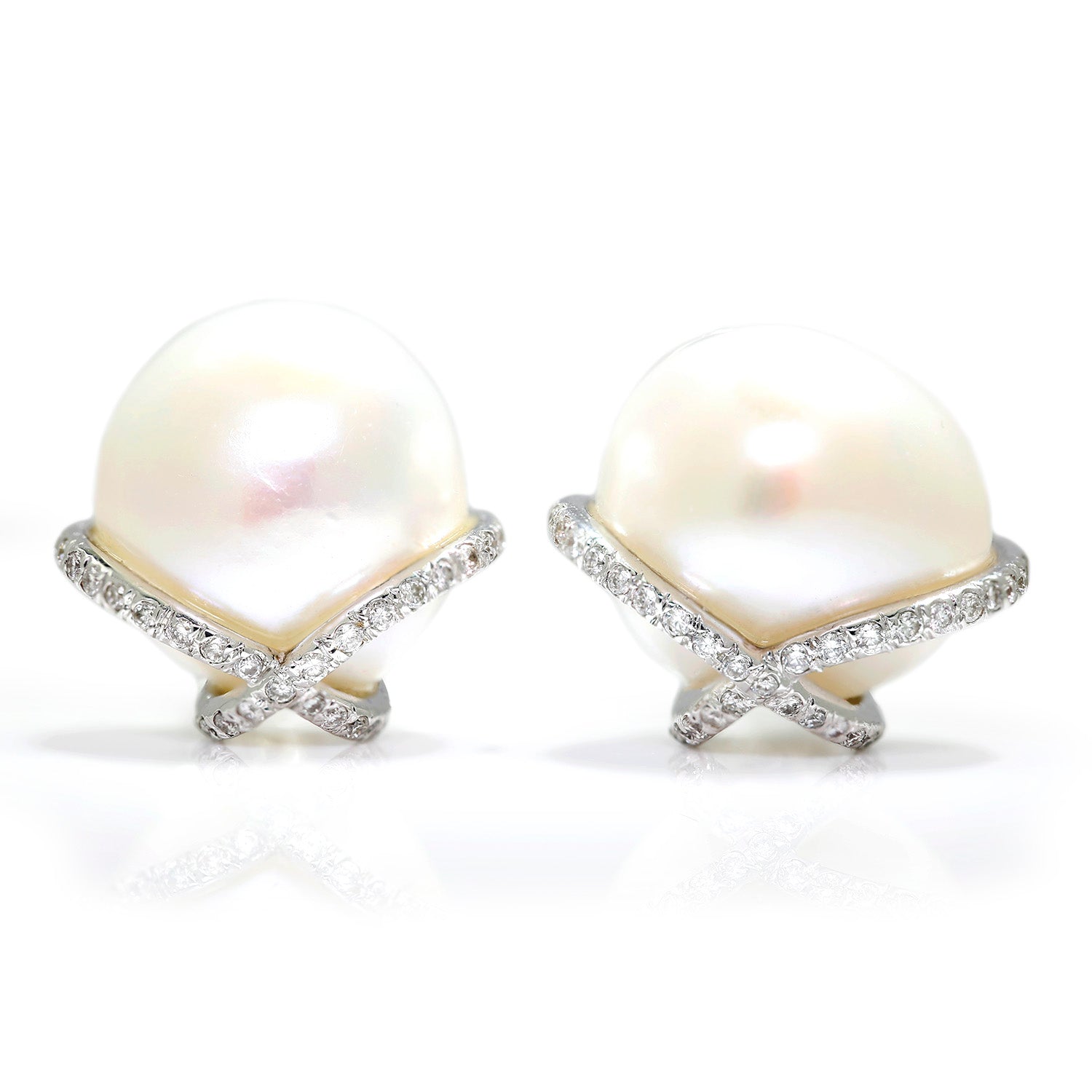 Once Upon A Diamond Earrings White Gold Cultured White Pearl Diamond Cross Earrings 18K White Gold