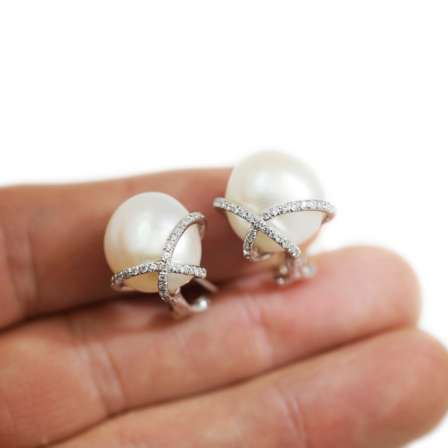 Once Upon A Diamond Earrings White Gold Cultured White Pearl Diamond Cross Earrings 18K White Gold