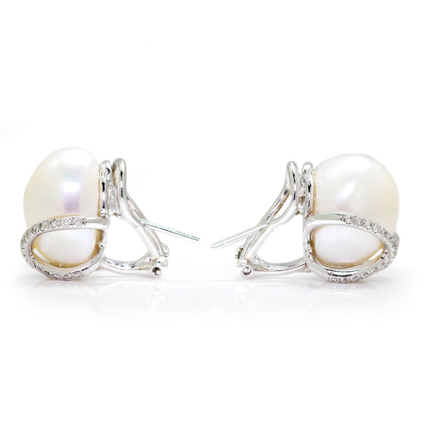 Cultured White Pearl Diamond Cross Earrings 18K White Gold - Image 3