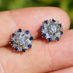 Once Upon A Diamond Earrings White Gold Euro Diamond Stud Earrings with Sapphires 14K White Gold 1.30ctw