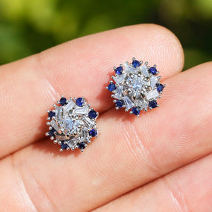 Once Upon A Diamond Earrings White Gold Euro Diamond Stud Earrings with Sapphires 14K White Gold 1.30ctw