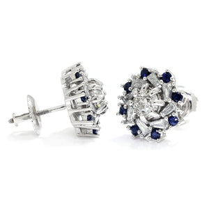 Once Upon A Diamond Earrings White Gold Euro Diamond Stud Earrings with Sapphires 14K White Gold 1.30ctw