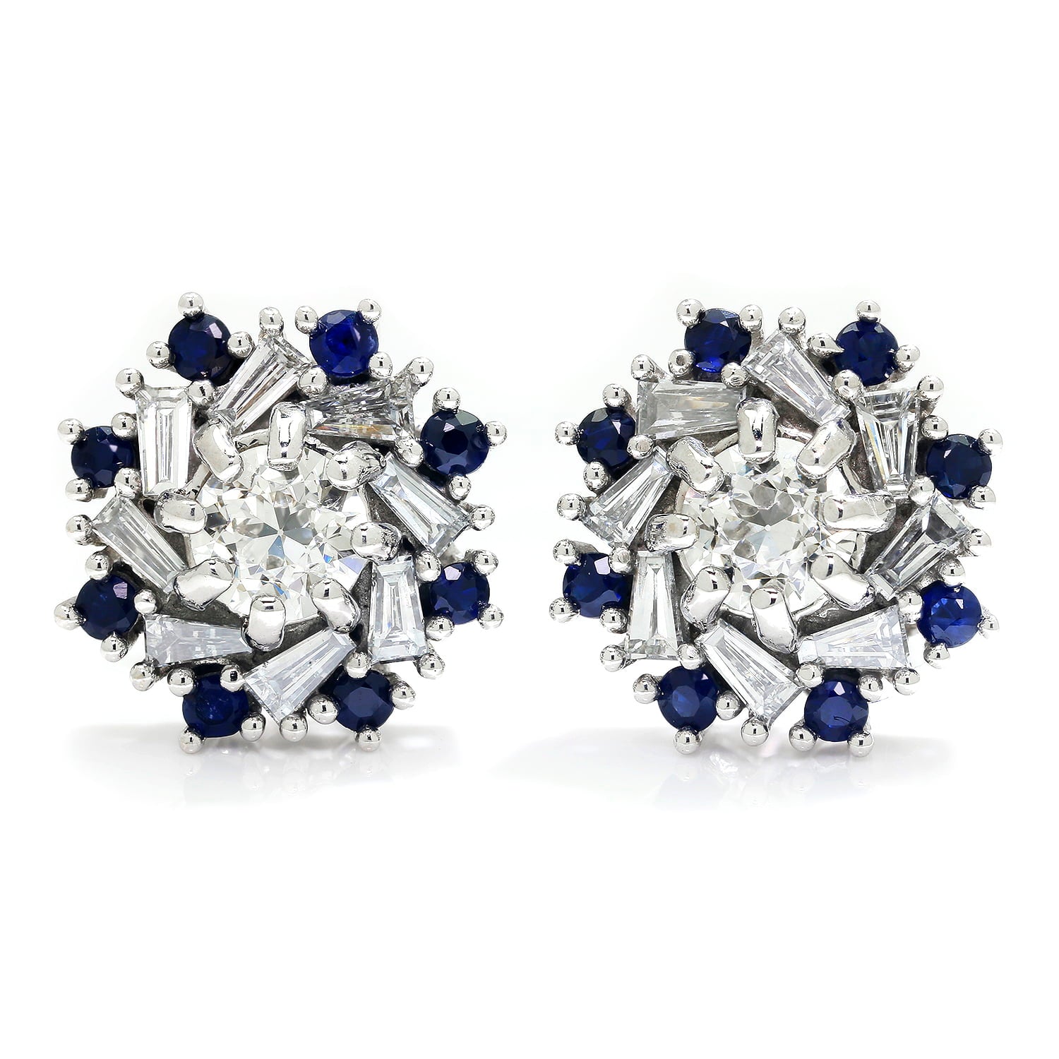 Once Upon A Diamond Earrings White Gold Euro Diamond Stud Earrings with Sapphires 14K White Gold 1.30ctw