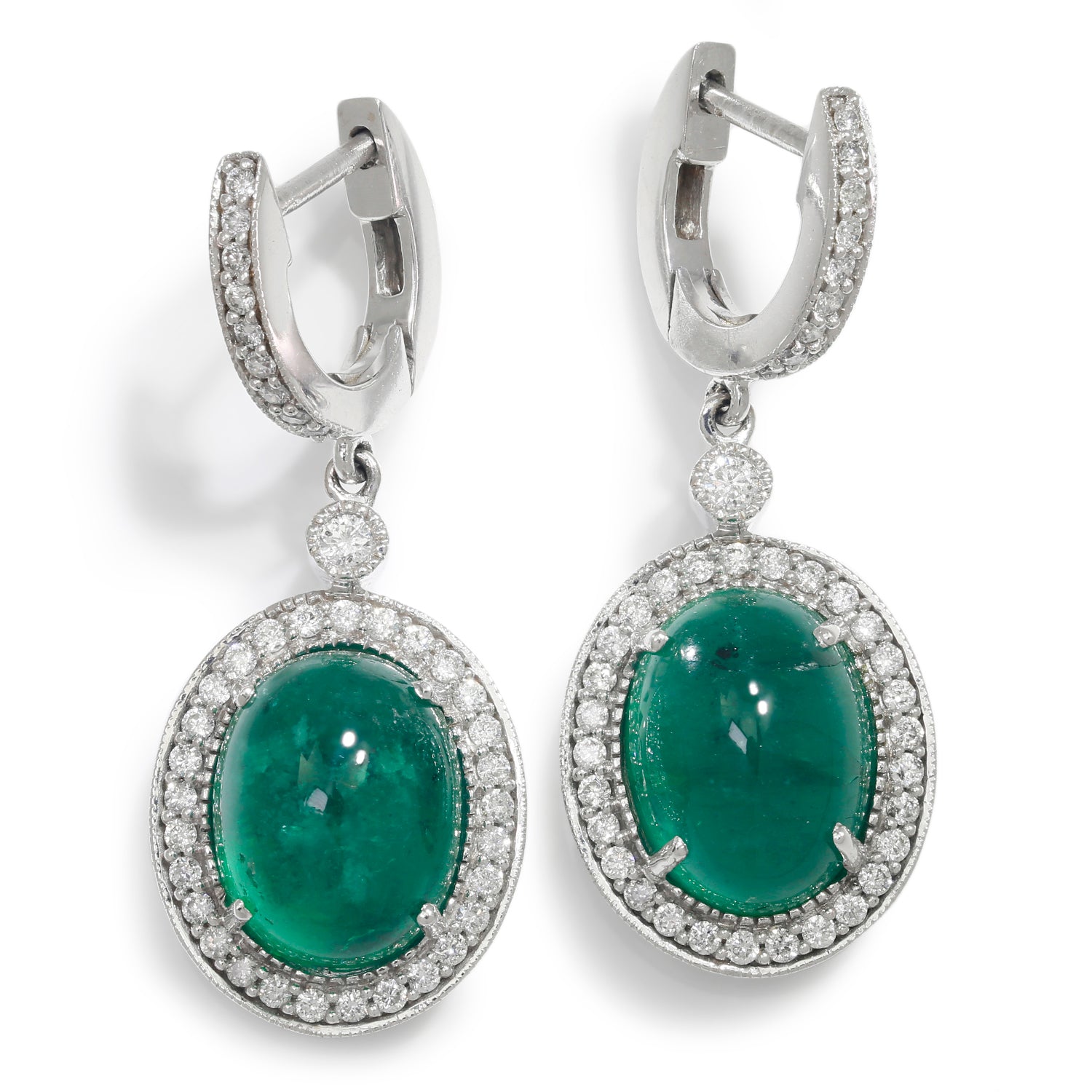 Once Upon A Diamond Earrings White Gold Oval Cabochon Emerald Drop Earrings with Diamonds White Gold