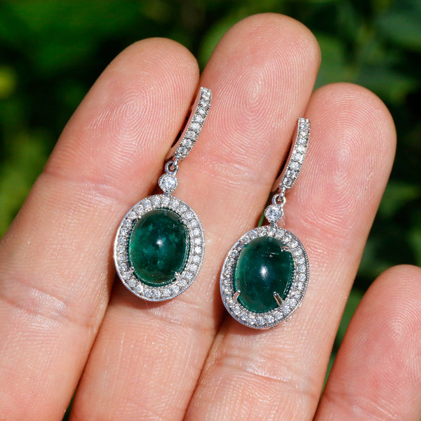 Oval Cabochon Emerald Drop Earrings with Diamonds White Gold - Image 2