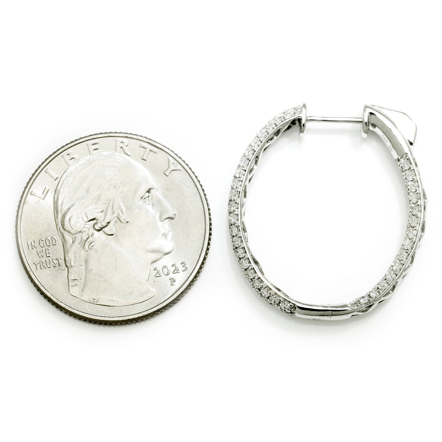 Once Upon A Diamond Earrings White Gold Pave Diamond In & Out Oval Hoop Earrings 14K White Gold 1.82ctw