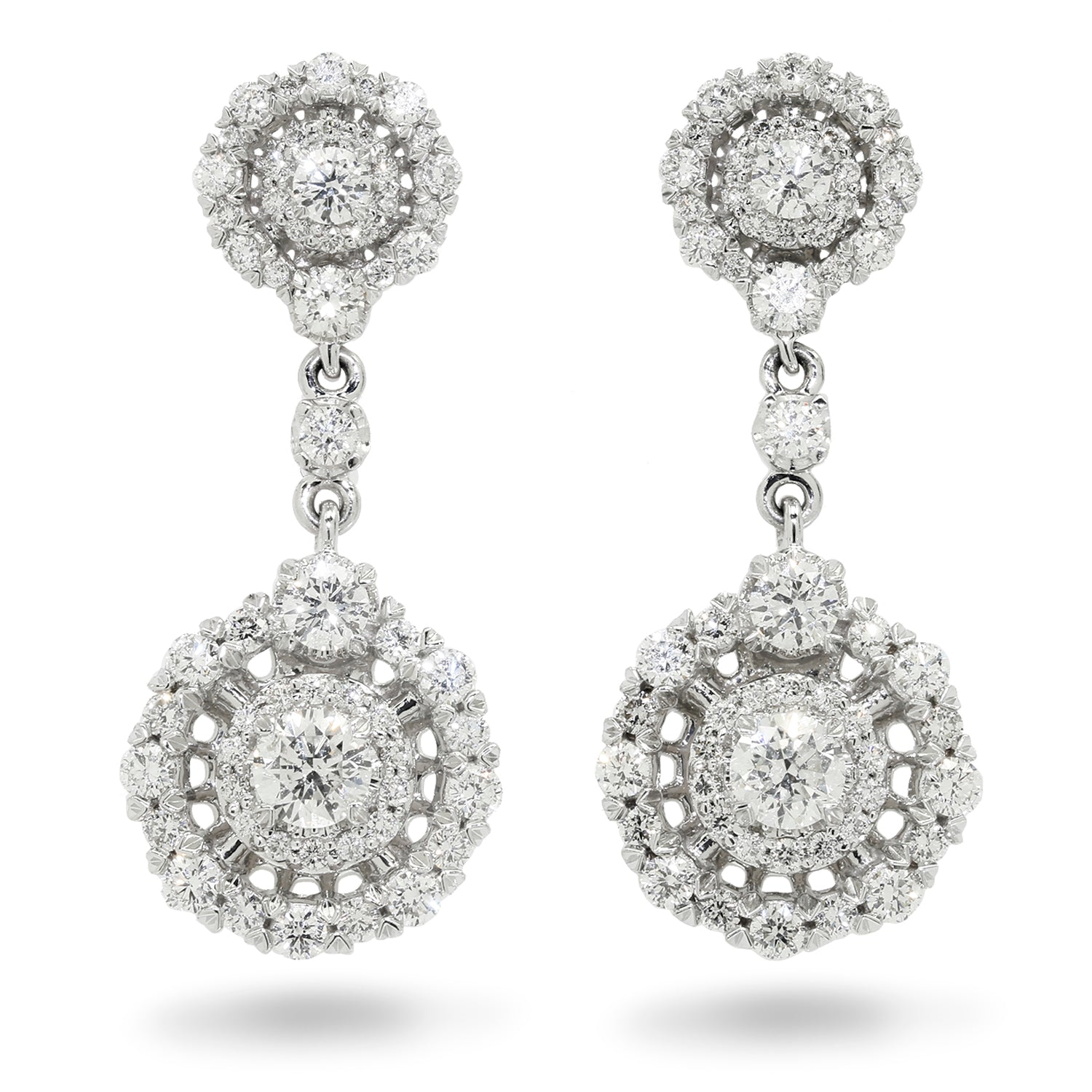Once Upon A Diamond Earrings White Gold Round Diamond Double-Circle Drop Earrings White Gold 2.30ctw