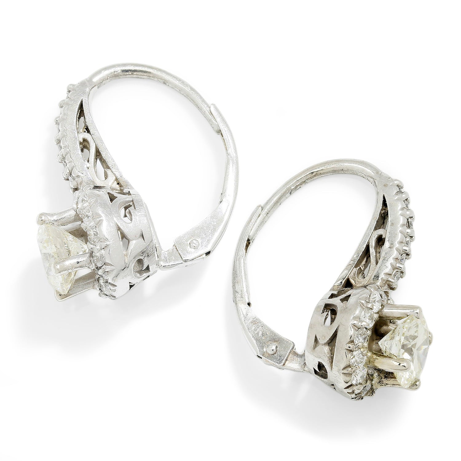 Once Upon A Diamond Earrings White Gold Round Diamond Halo Drop Leverback Earrings 14K White Gold 1.66ctw