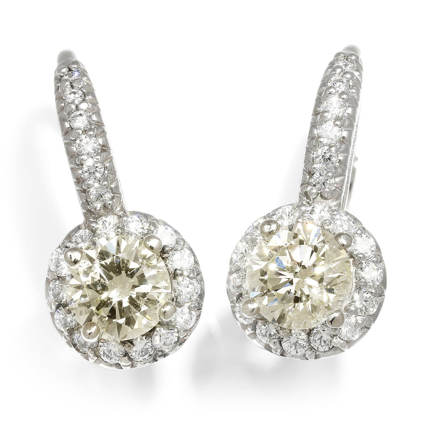 Once Upon A Diamond Earrings White Gold Round Diamond Halo Drop Leverback Earrings 14K White Gold 1.66ctw