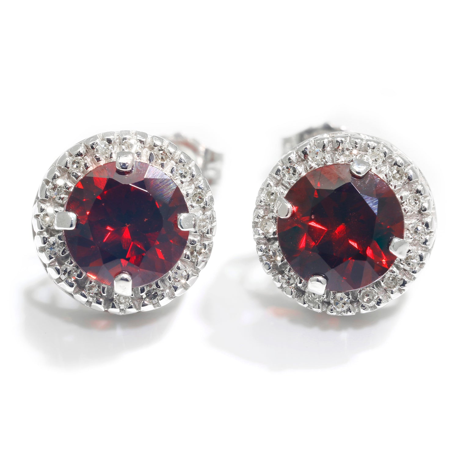 Once Upon A Diamond Earrings White Gold Round Garnet Halo Stud Earrings with Diamonds 14K White Gold 3.08ctw