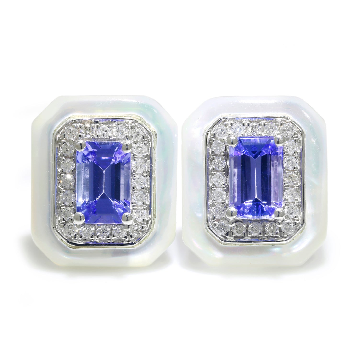 Once Upon A Diamond Earrings White Gold Tanzanite & Mother of Pearl Halo Stud Earrings with Diamonds White Gold