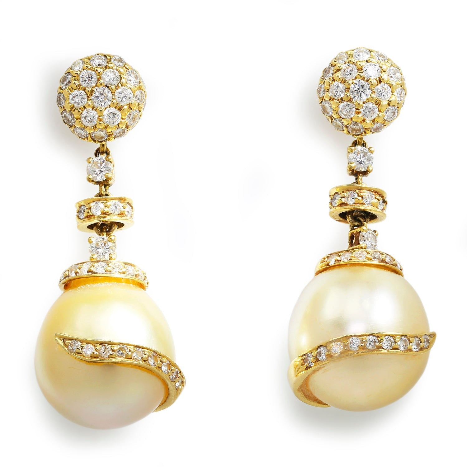 Once Upon A Diamond Earrings White Gold Teardrop Golden South Sea Pearl Earrings with Diamonds 18K