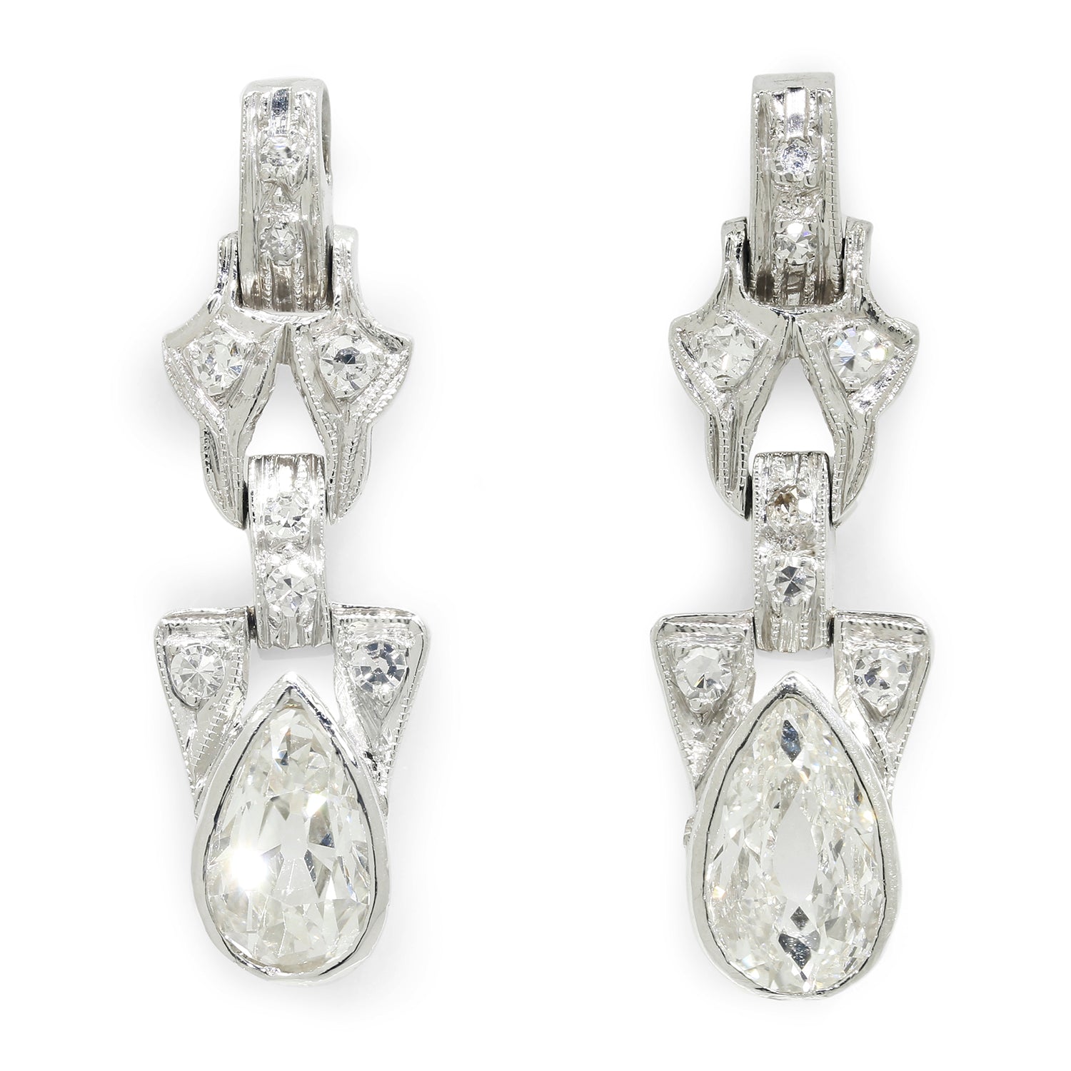 Once Upon A Diamond Earrings White Gold Vintage Old European Pear Diamond Earrings White Gold 2.16ctw