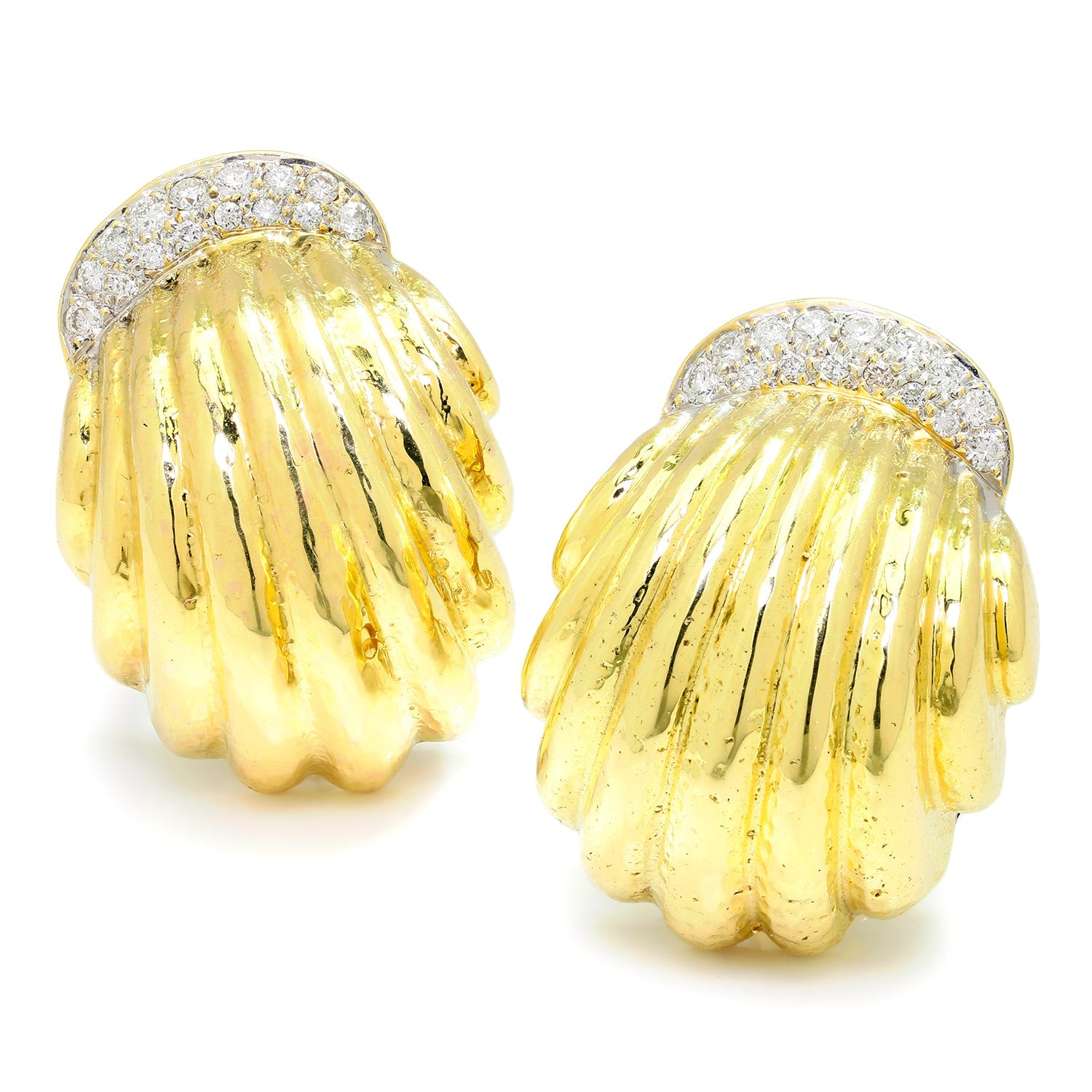 Once Upon A Diamond Earrings White & Yellow Gold Hammered Shrimp Omega Earrings with Diamonds 14K Two-Tone Gold