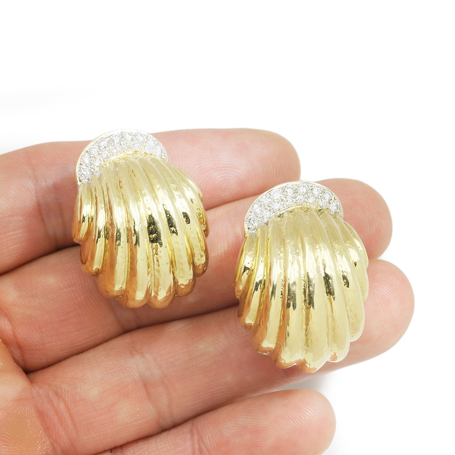 Once Upon A Diamond Earrings White & Yellow Gold Hammered Shrimp Omega Earrings with Diamonds 14K Two-Tone Gold