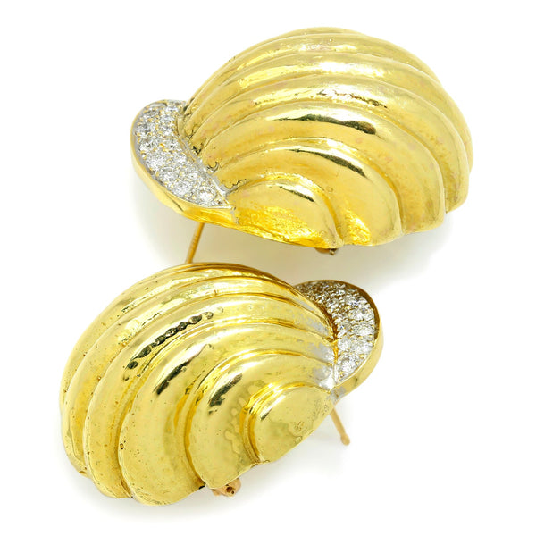 Hammered Shrimp Omega Earrings with Diamonds 14K Two-Tone Gold - Image 3