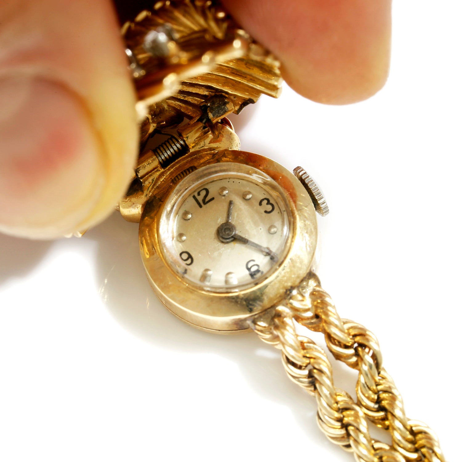 Once Upon A Diamond Earrings White & Yellow Gold Vintage Ebel Flip-Top Lady's Diamond Manual Wind Watch 14K