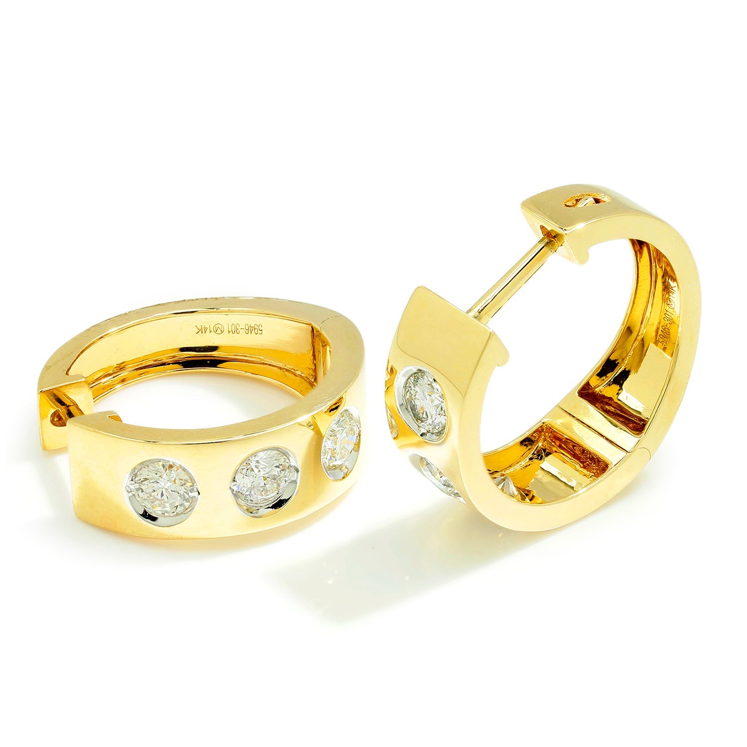 Once Upon A Diamond Earrings Yellow Gold 0.88ctw Bezel Set Round Diamond Huggie Hoop Earrings 14K Gold