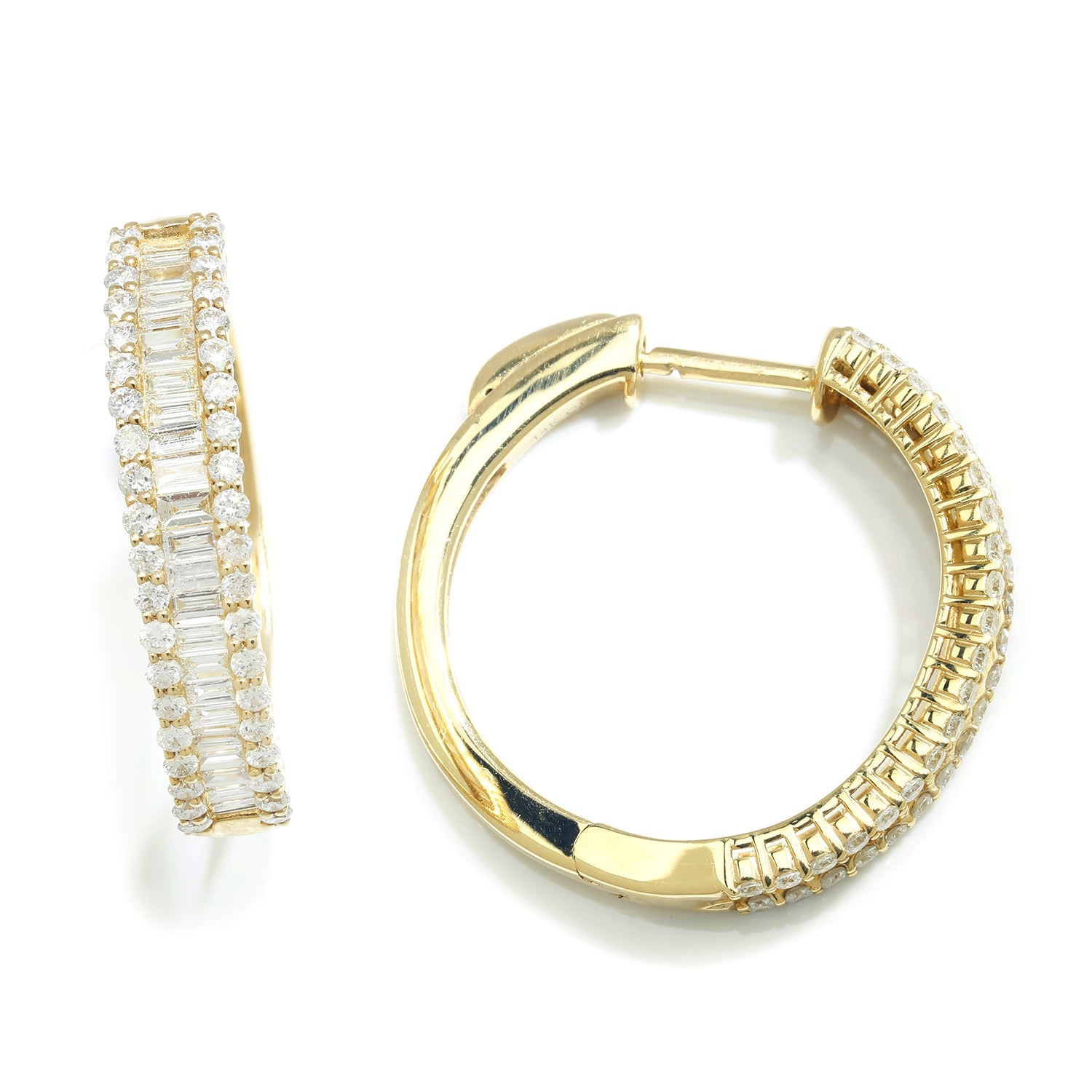 Once Upon A Diamond Earrings Yellow Gold 1.24ctw Round & Baguette Diamond Hoop Huggie Earrings 14K Yellow Gold