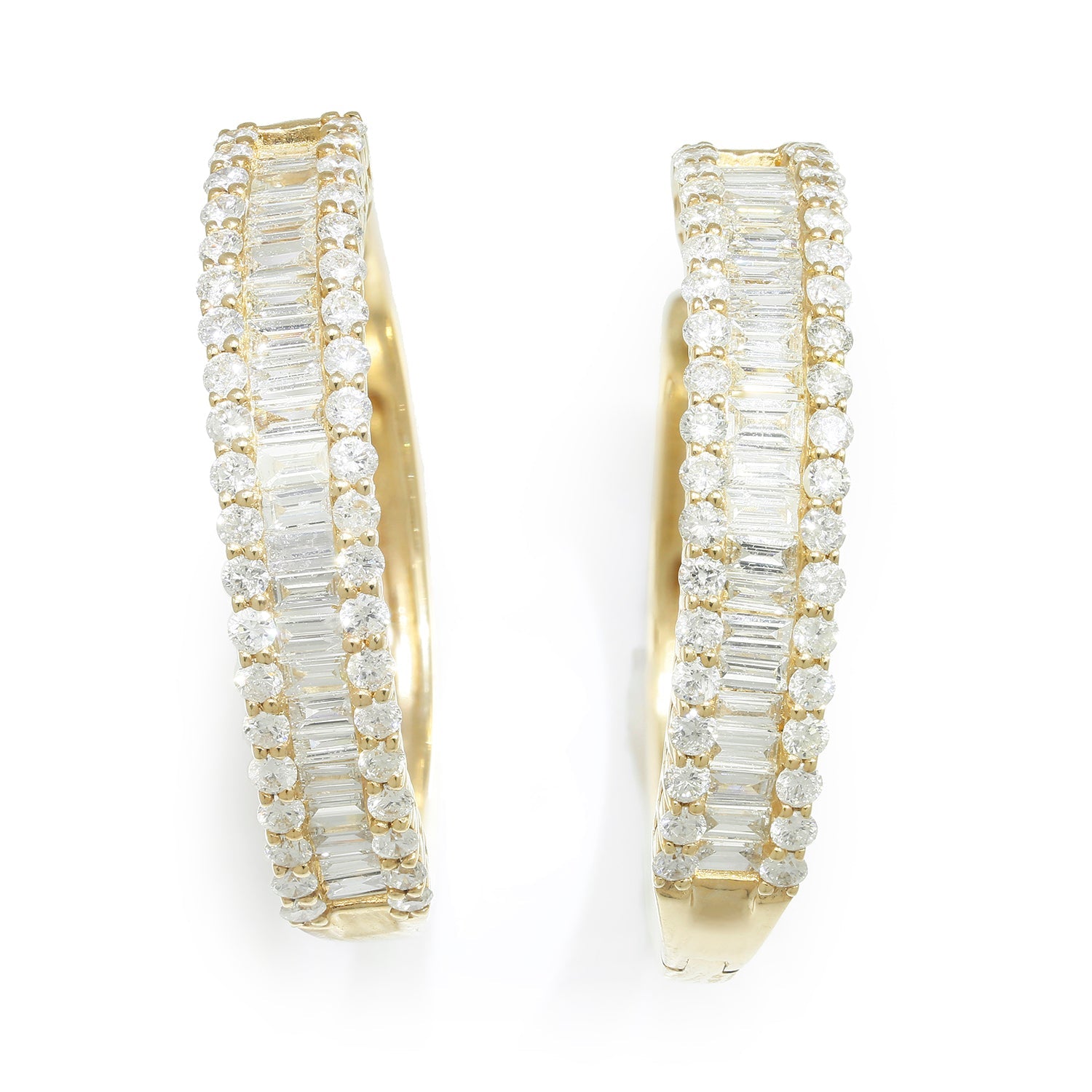 Once Upon A Diamond Earrings Yellow Gold 1.24ctw Round & Baguette Diamond Hoop Huggie Earrings 14K Yellow Gold