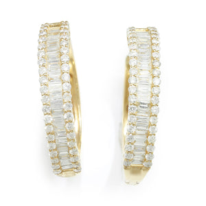 Once Upon A Diamond Earrings Yellow Gold 1.24ctw Round & Baguette Diamond Hoop Huggie Earrings 14K Yellow Gold