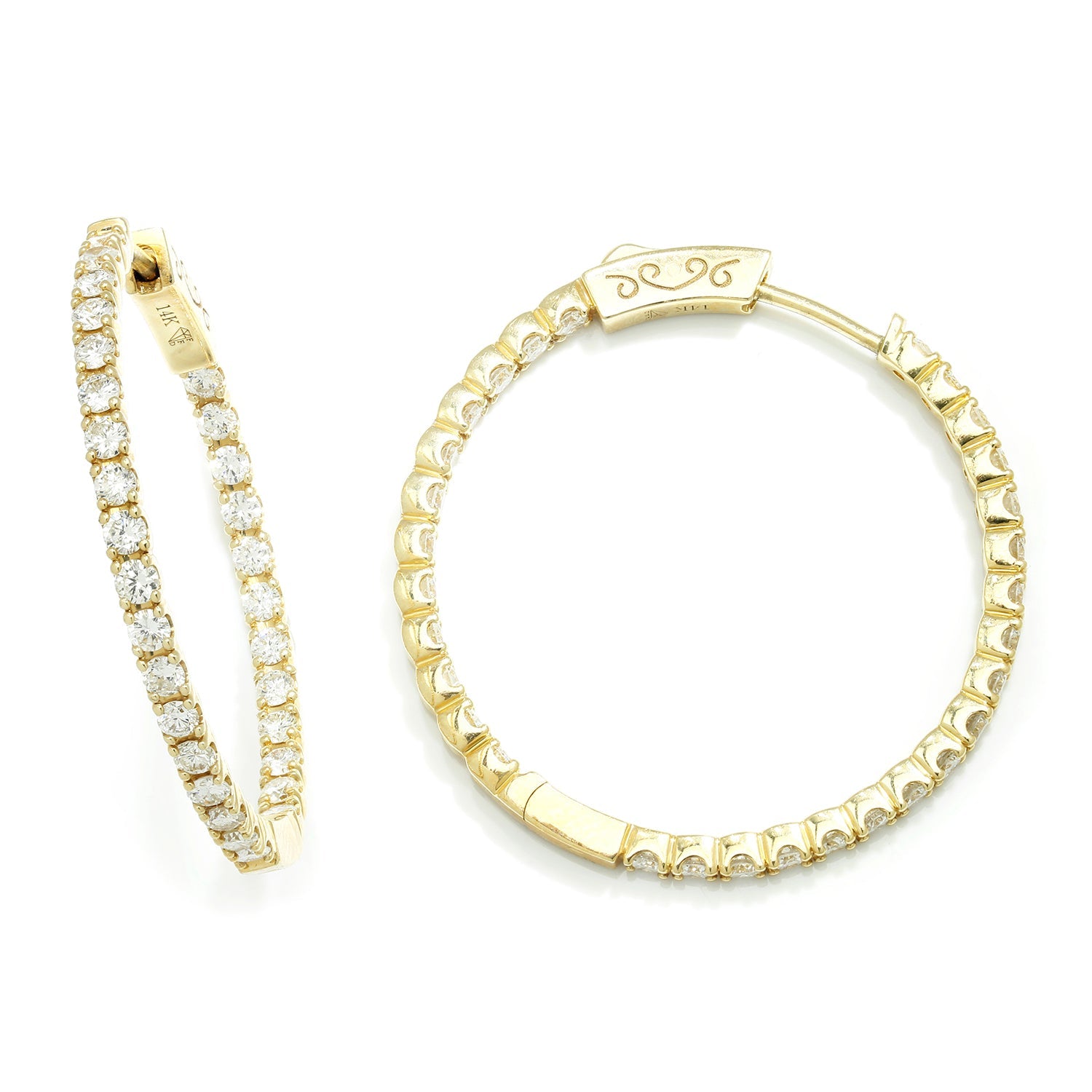 Once Upon A Diamond Earrings Yellow Gold 1.85ctw Round Diamond In and Out Hoop Earrings 14K Yellow Gold