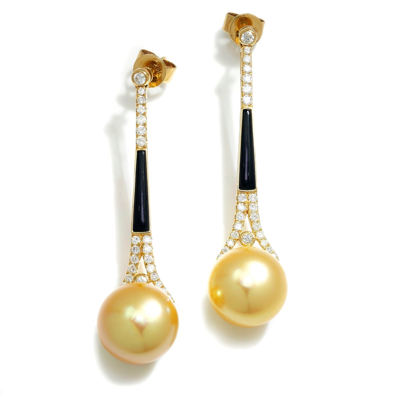 Once Upon A Diamond Earrings Yellow Gold 12.50MM Round Golden South Sea Pearl Earrings with Diamonds in Gold