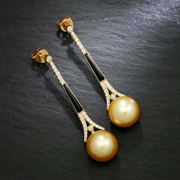 12.50MM Round Golden South Sea Pearl Earrings with Diamonds in Gold - Image 2
