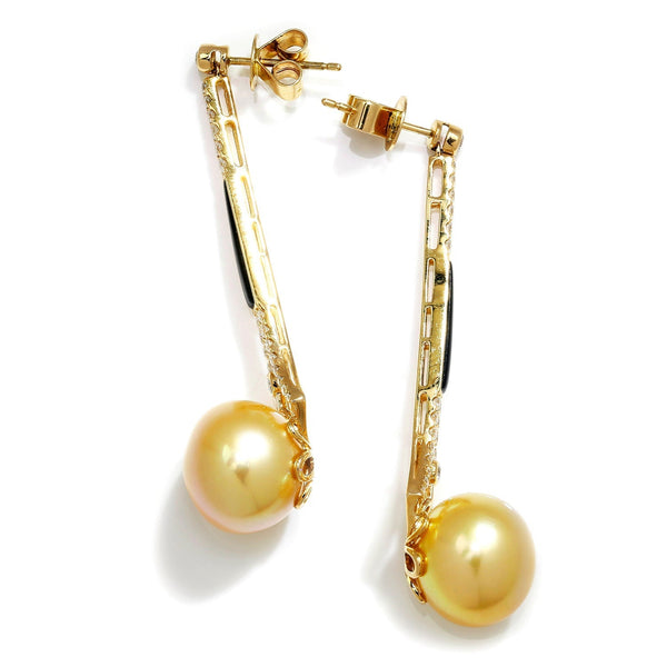 12.50MM Round Golden South Sea Pearl Earrings with Diamonds in Gold - Image 3