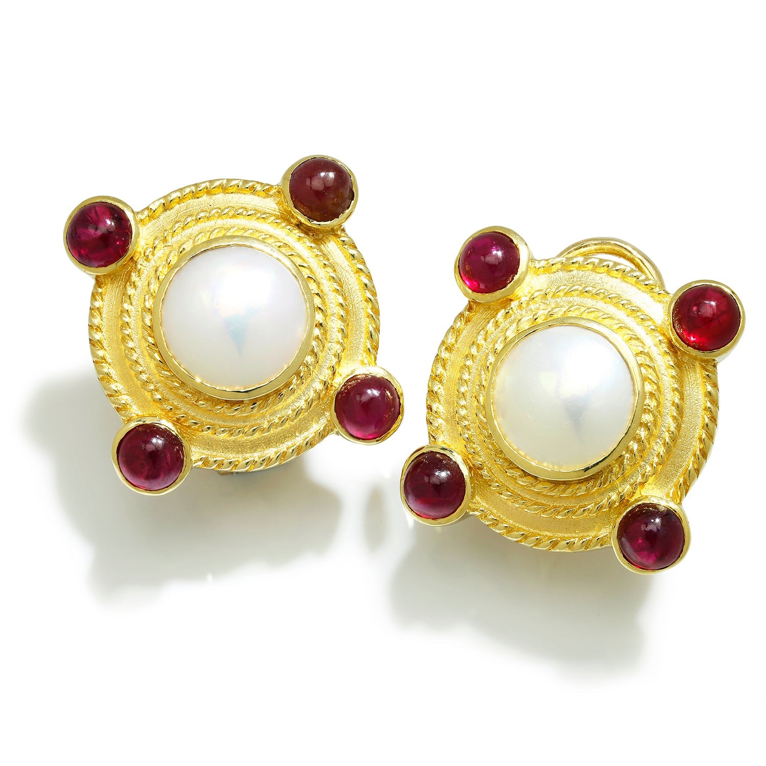Once Upon A Diamond Earrings Yellow Gold Cynthia Bach Mabe Pearl Omega Earrings with Rubies 18K Yellow Gold