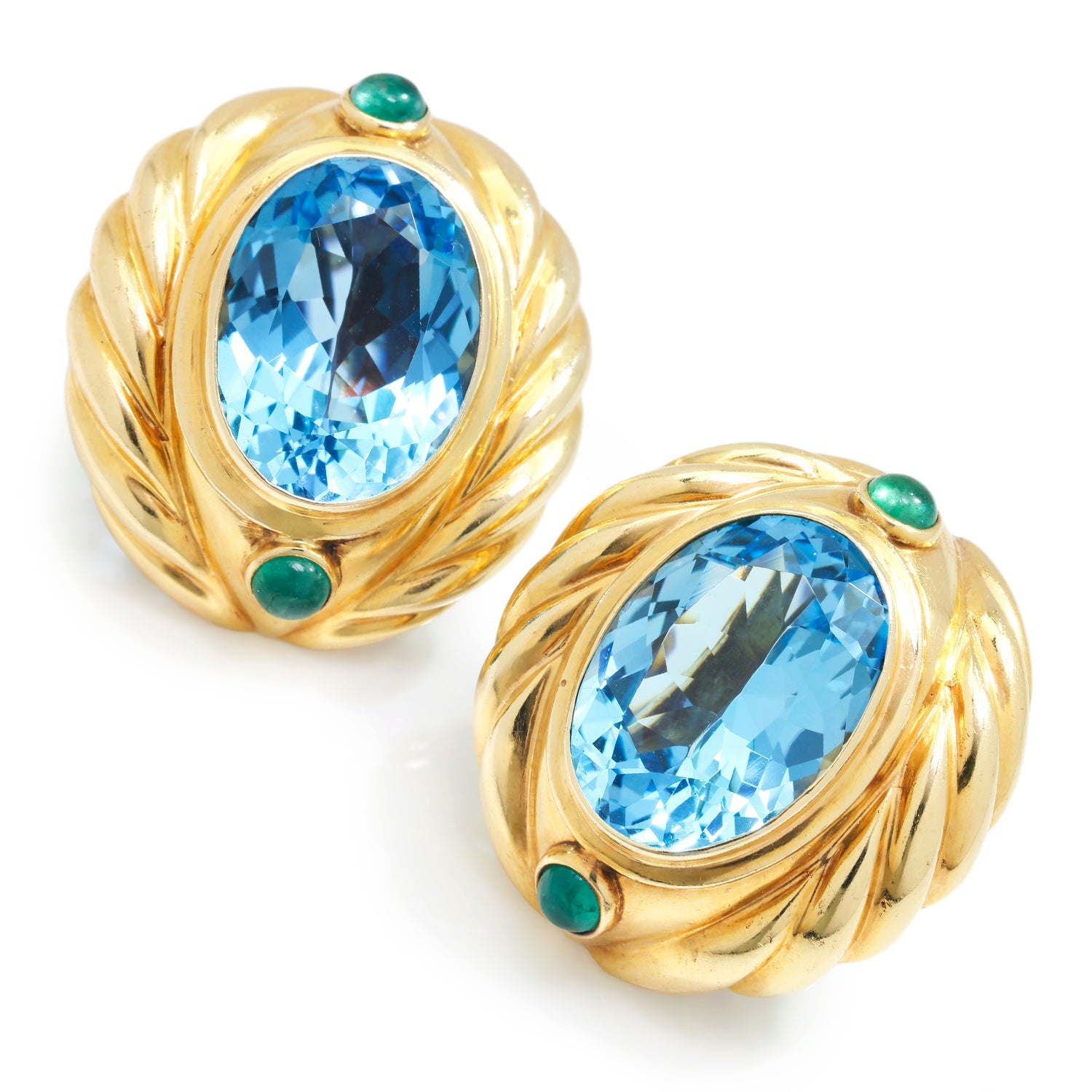 Once Upon A Diamond Earrings Yellow Gold Oval Blue Topaz & Cabochon Emerald Omega Earrings Yellow Gold
