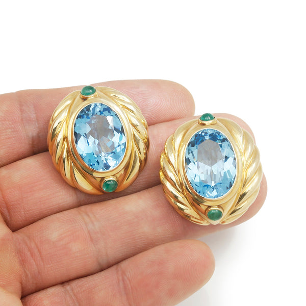 Oval Blue Topaz & Cabochon Emerald Omega Earrings Yellow Gold - Image 2