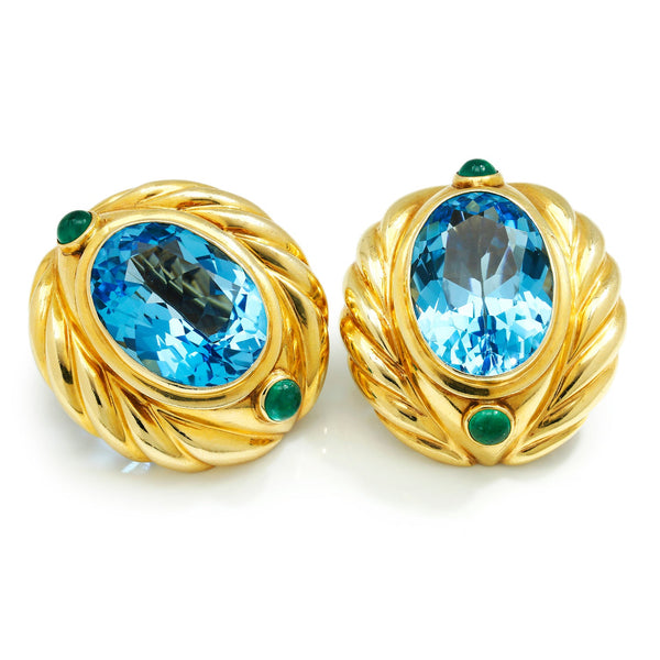 Oval Blue Topaz & Cabochon Emerald Omega Earrings Yellow Gold - Image 3