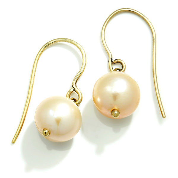Pink Freshwater Pearl Drop Dangle Fishhook Earrings 14K Yellow Gold