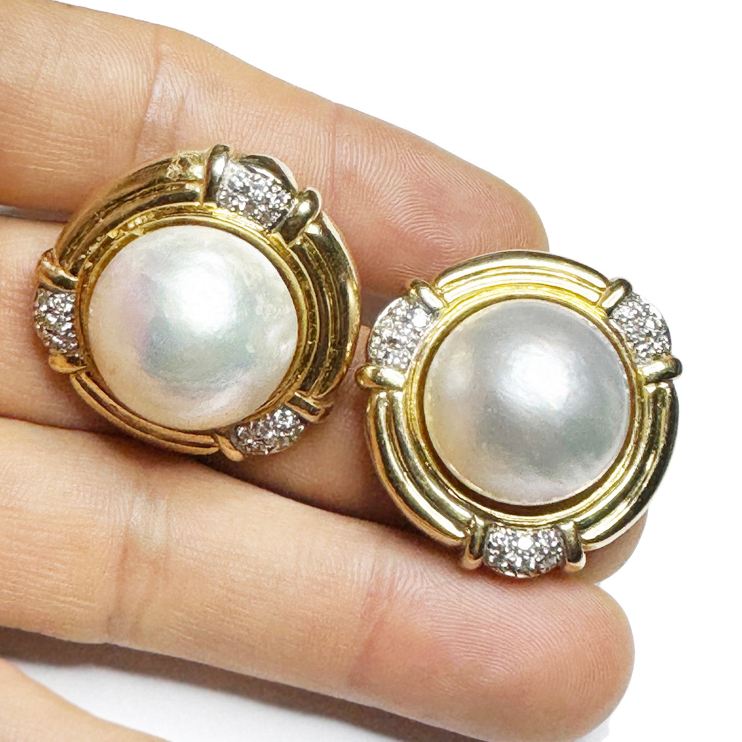 Once Upon A Diamond Earrings Yellow Gold Round Mabe Pearl Omega Earrings with Diamonds 14Kt Yellow Gold