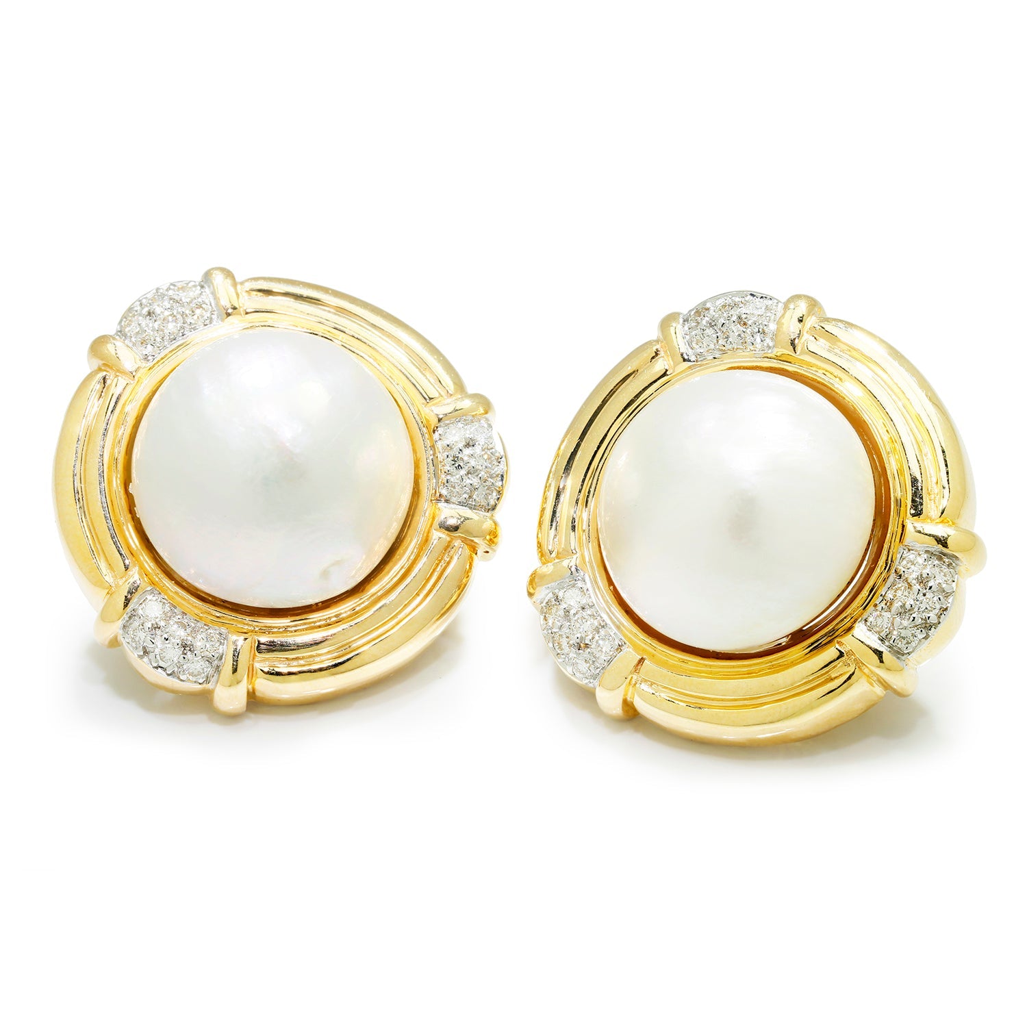 Once Upon A Diamond Earrings Yellow Gold Round Mabe Pearl Omega Earrings with Diamonds 14Kt Yellow Gold