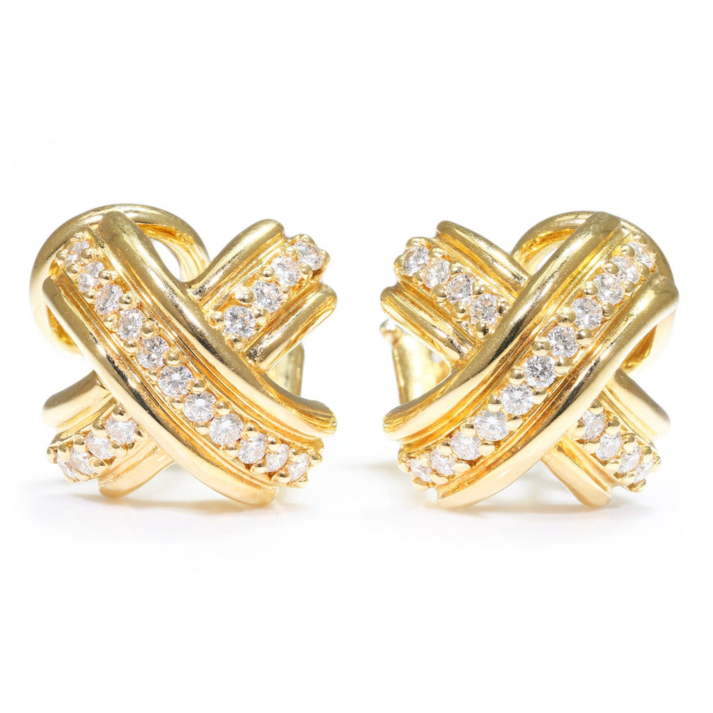 Tiffany & Co Diamond Crisscross X Omega Earrings 18K Yellow Gold