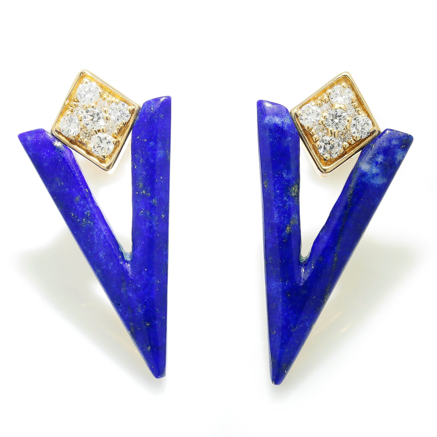 Once Upon A Diamond Earrings Yellow Gold V-Shaped Lapis Lazuli Stud Earrings with Diamonds 14K Gold